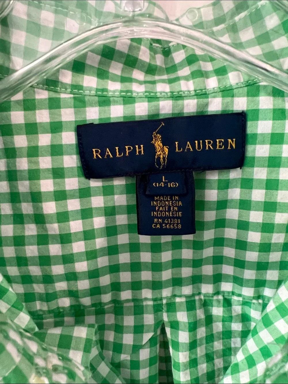 Ralph Lauren Green and White Gingham Button-Up Shirt - L, 14/16 boys